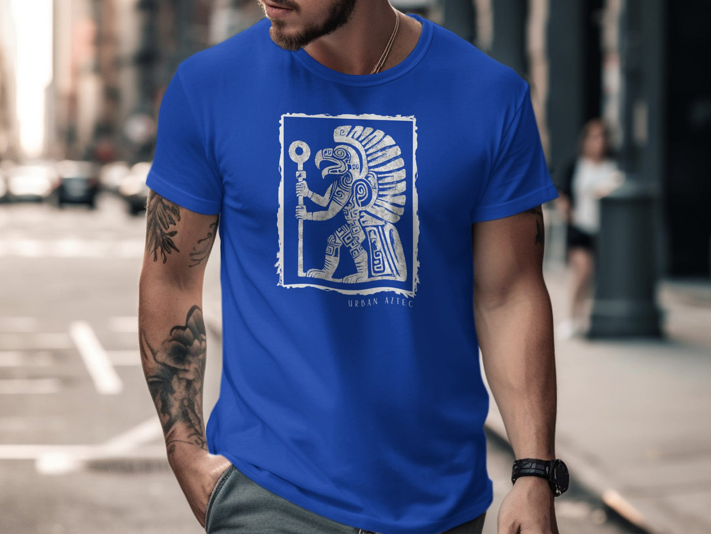 Urban Aztec Tee Edition 3 in true royal blue, featuring a colourful Aztec pattern that makes a statement & brightens your look