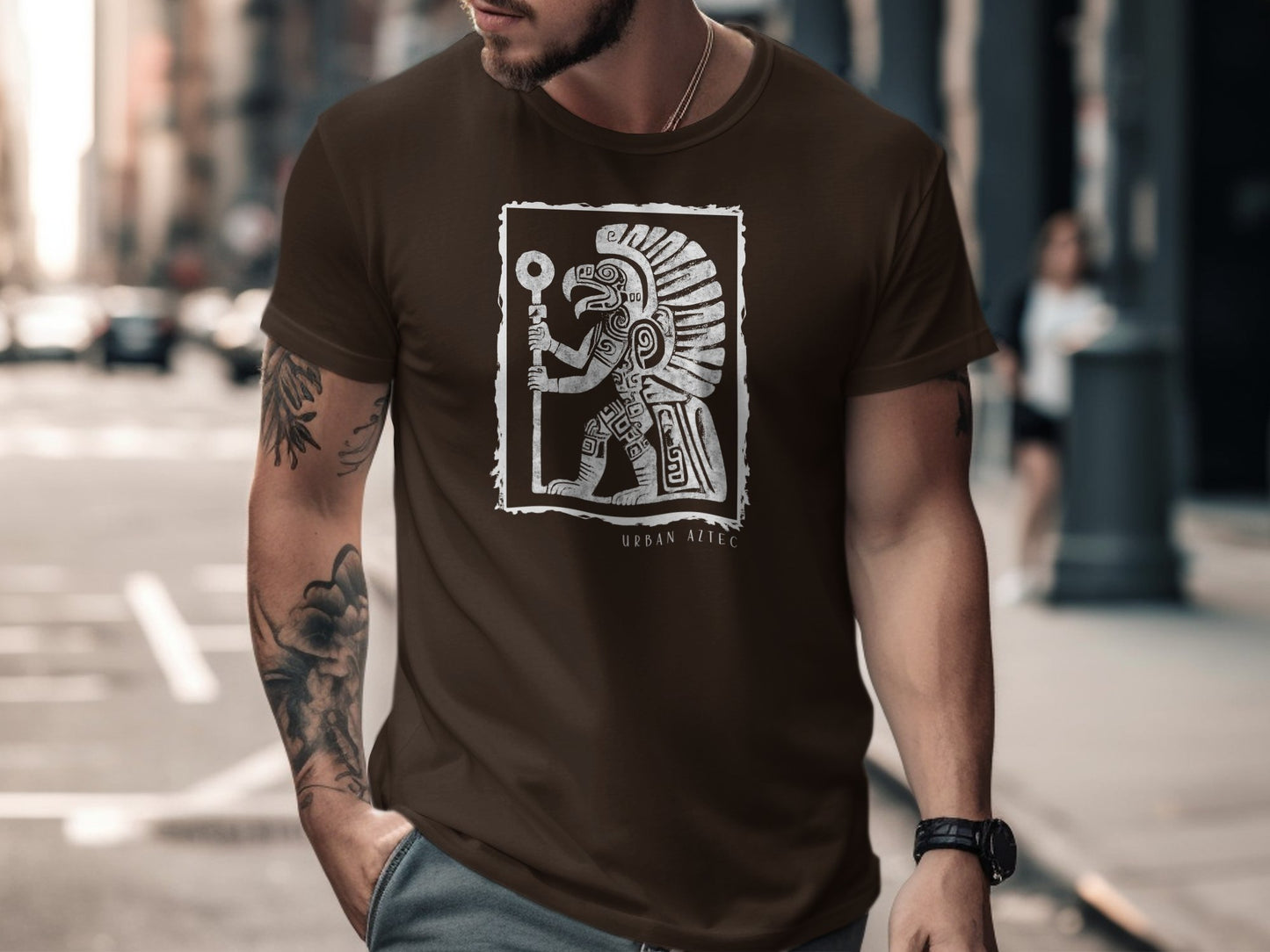 Urban Aztec Tee Edition 3 in brown, designed with an eye-catching print, creating a bold look with a natural tone.