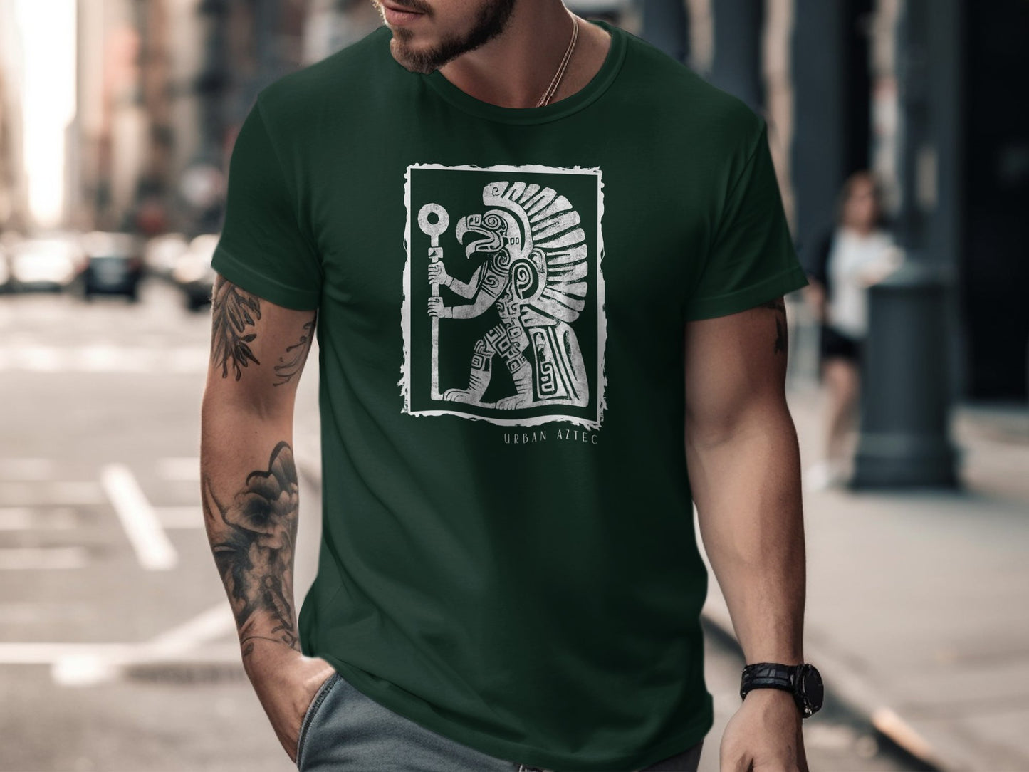 Urban Aztec Tee Edition 3 in forest green, featuring a unique Aztec design for a cool, urban look that stands out.