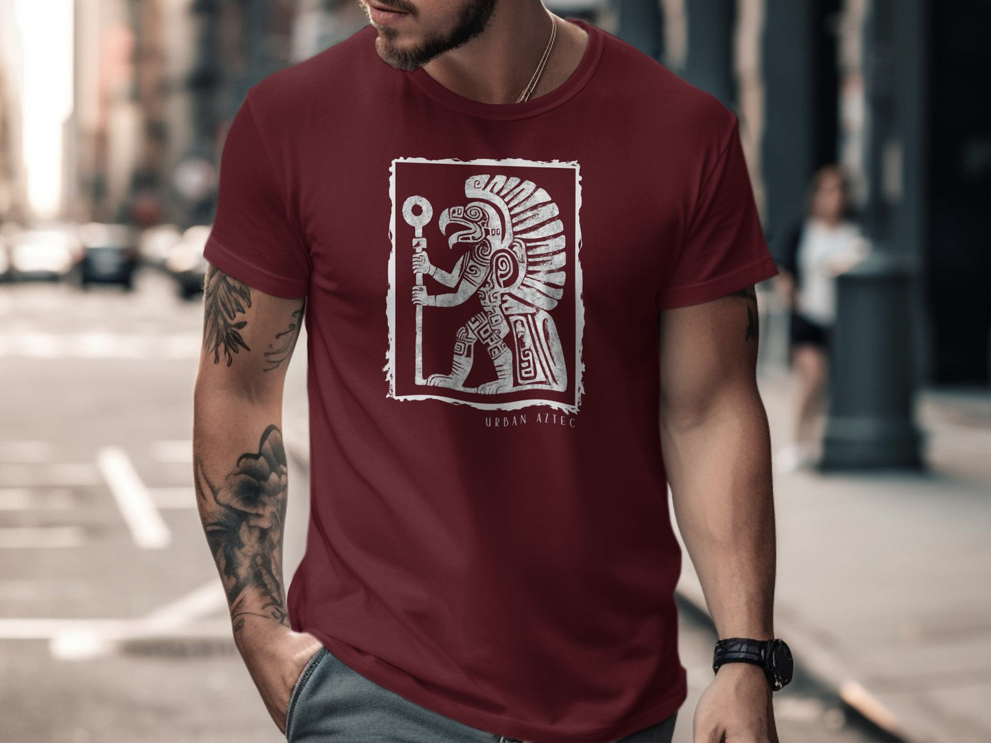 Urban Aztec Tee Edition 3 in maroon, combining a trendy design with premium pre-shrunk cotton for all-day comfort & style.