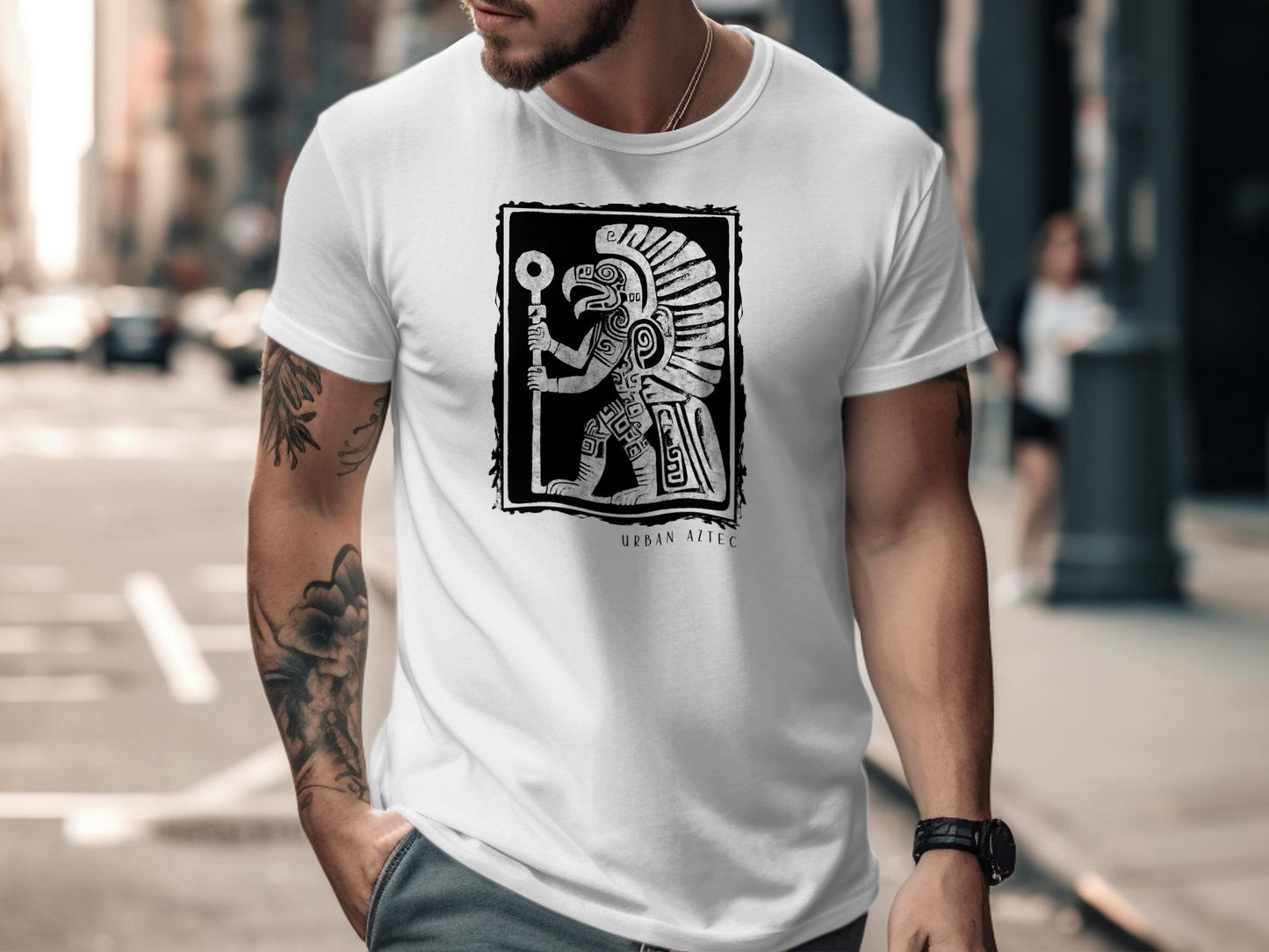 Urban Aztec Tee Edition 3 in white, featuring a bold and intricate Aztec graphic, made for effortless style and comfort.