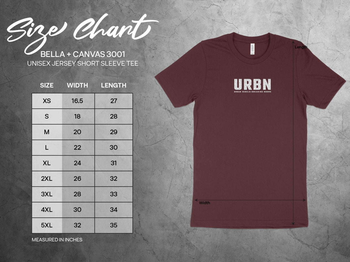 Size chart for URBN T-shirt, showing sizes from small to 3XL to ensure the perfect fit for any rebel.