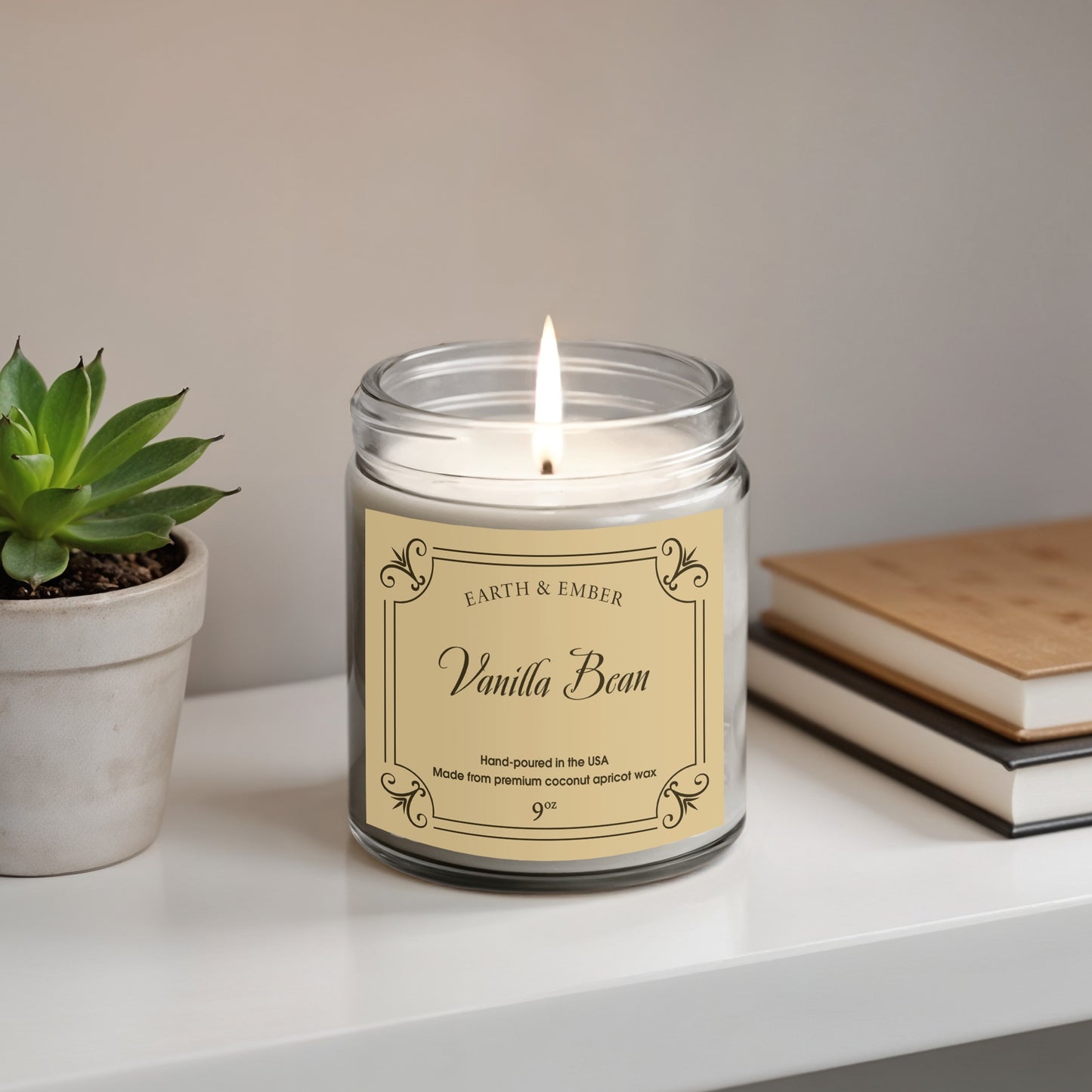 Vanilla Bean scented candle styled as elegant home decor, adding warm and inviting aromatic ambiance.