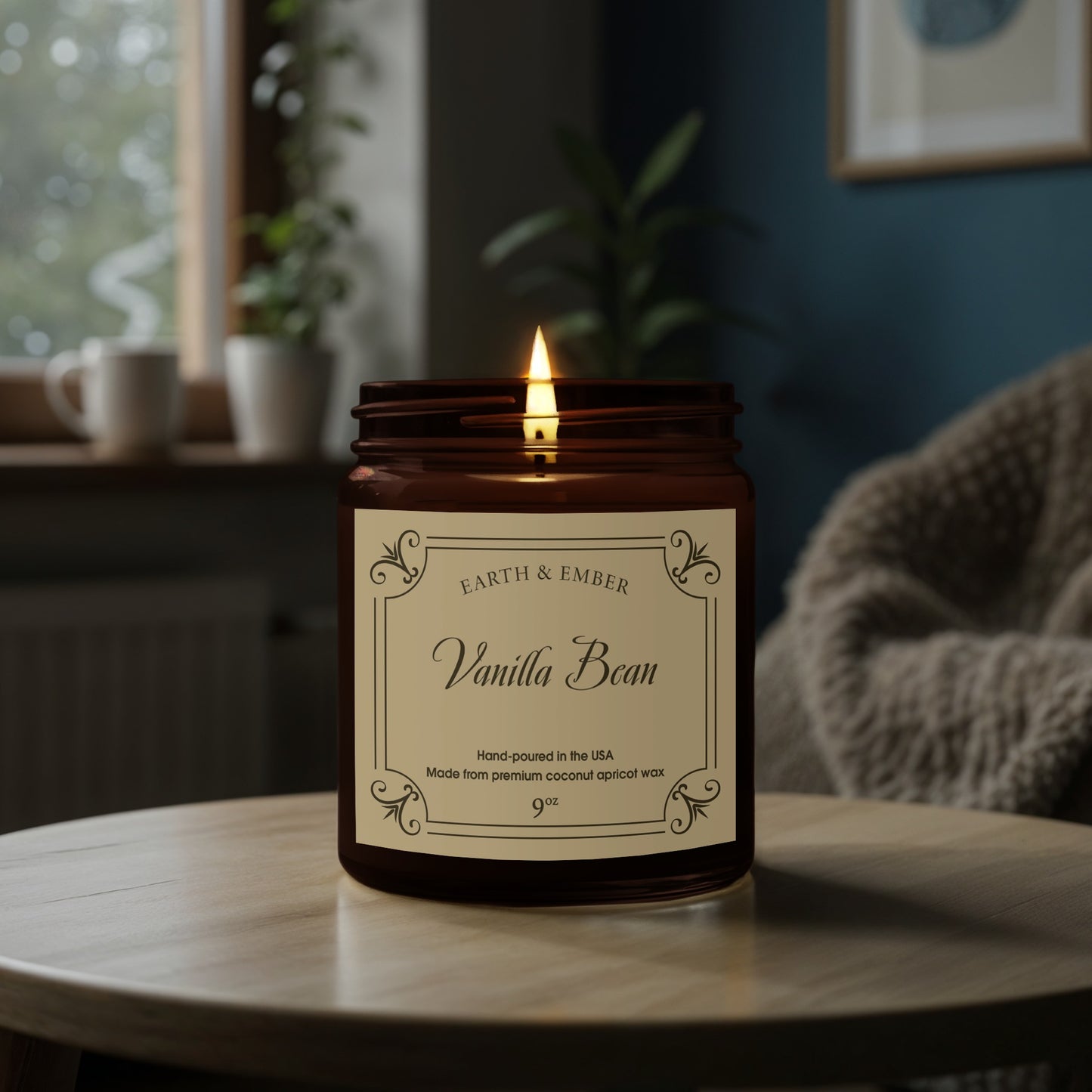 Close-up of Vanilla Bean scented candle wick and smooth eco-friendly wax showcasing rich fragrance.