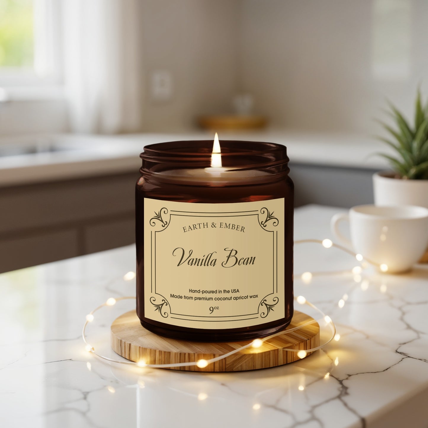 Vanilla Bean scented candle featured in trendy lifestyle setting with soft textiles and stylish home decor.