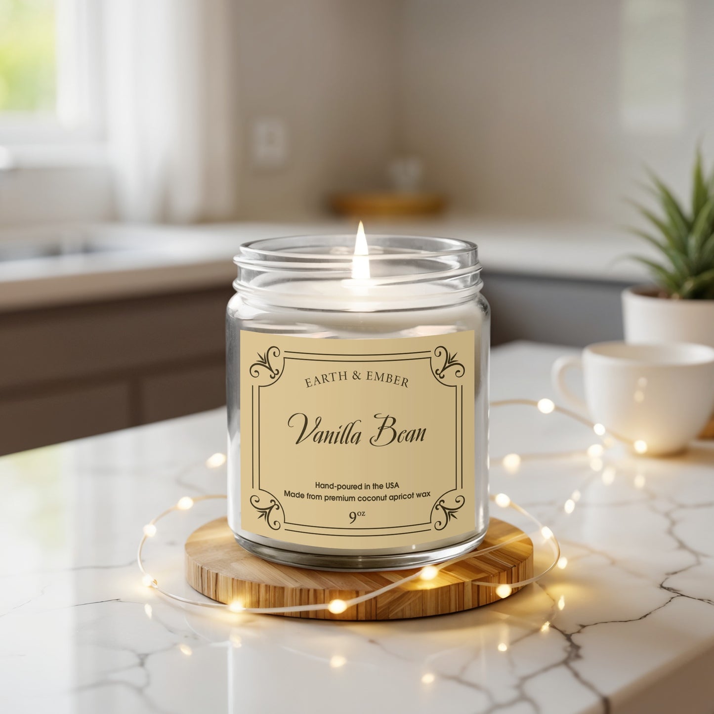 Vanilla Bean scented candle displayed with home accents and cozy elements for welcoming aromatic atmosphere.