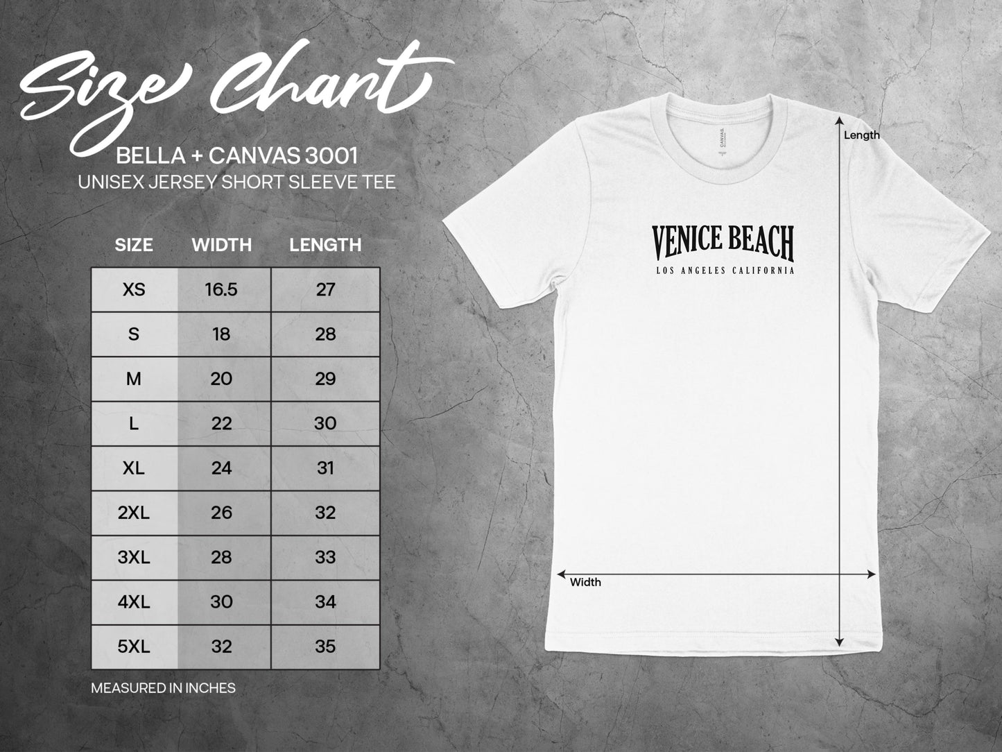 Size chart for Venice Beach t-shirt, with sizes from small to 3XL to ensure a comfortable fit