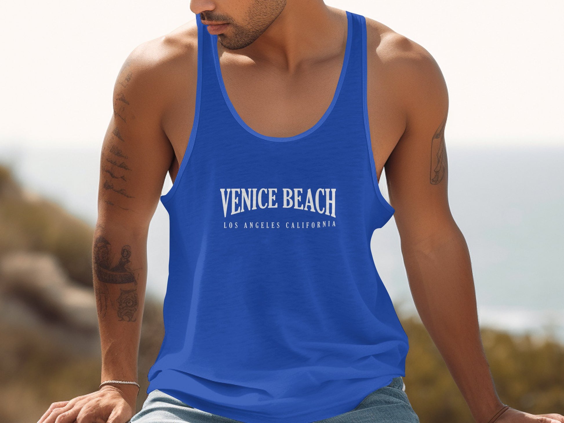 Royal blue Venice Beach Tank Top with scoop neck, sleeveless unisex style in breathable cotton fabric for warmer days.