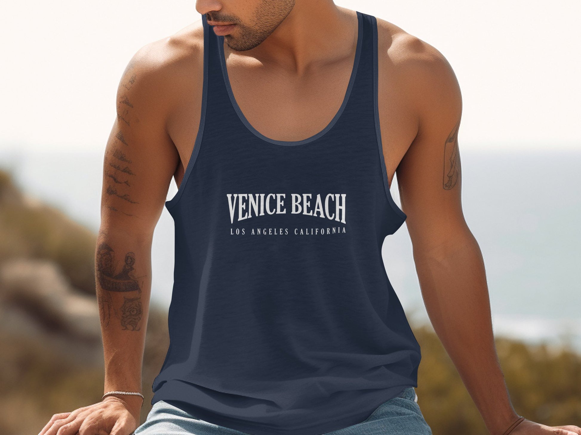 Navy Venice Beach Tank Top, sleeveless cotton design with scoop neck and breezy SoCal-inspired print.