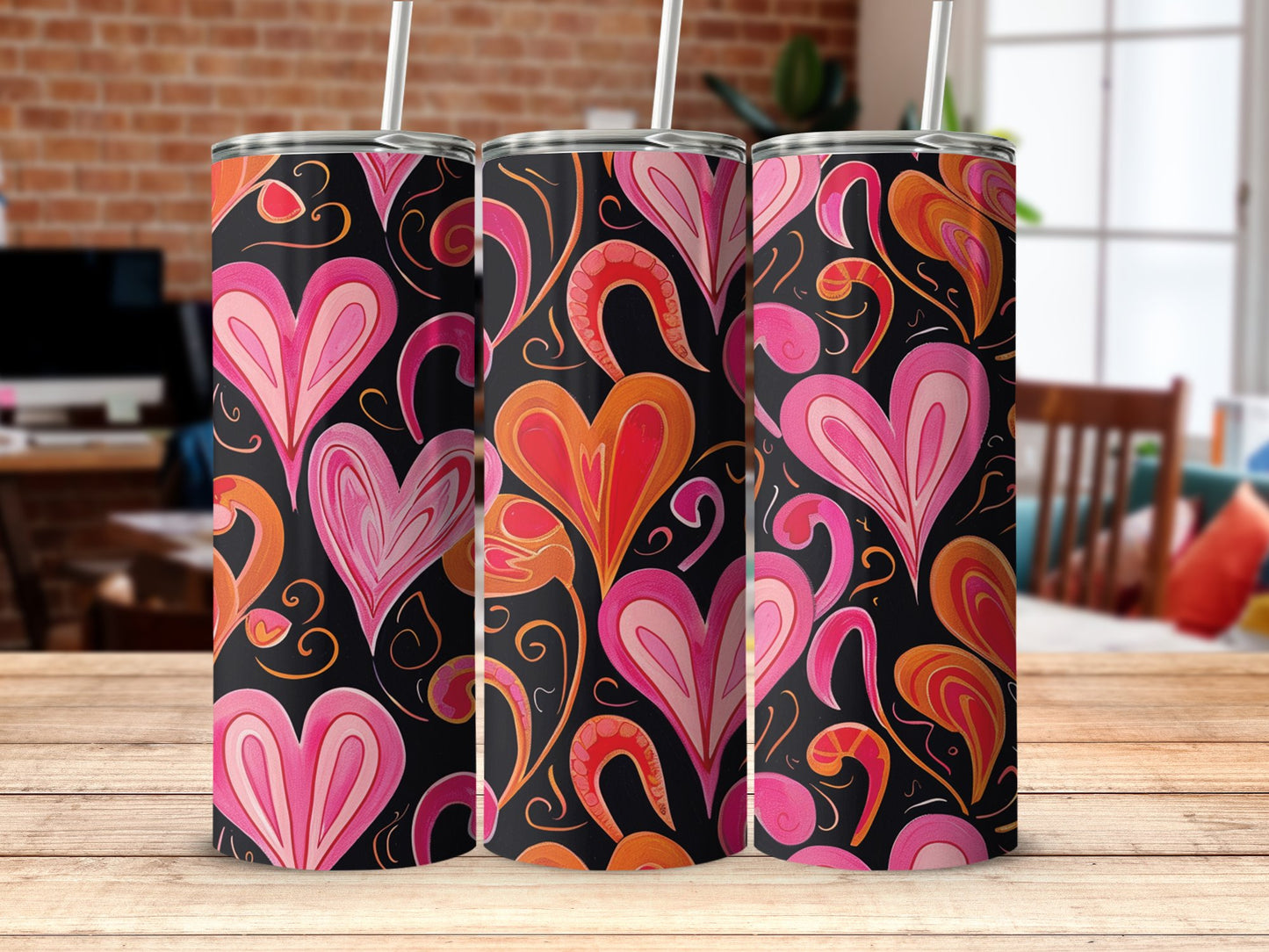 Vibrant love tumbler on table, 20oz stainless steel with bright love-themed patterns and durable design