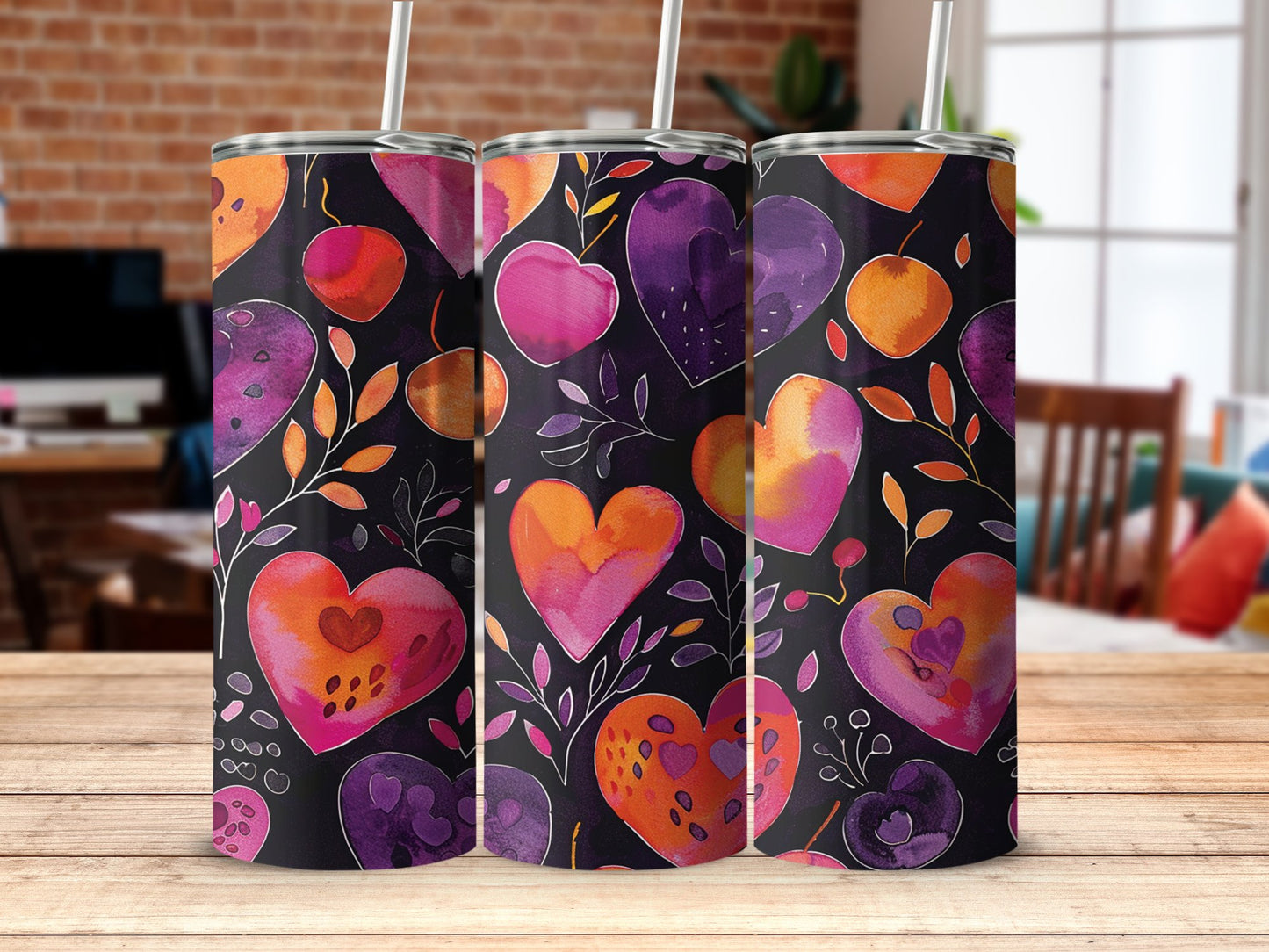 Vibrant hearts tumbler on table, 20oz stainless steel with bold heart graphics and durable construction