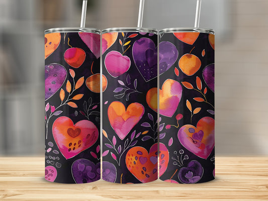 Vibrant hearts tumbler with 20oz stainless steel body, featuring colourful heart designs for a bold and fun look