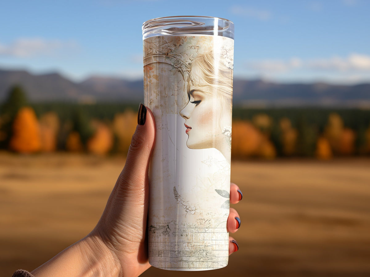 Personalised travel tumbler with romantic floral collage, blonde woman portrait, and faded sheet music textures.