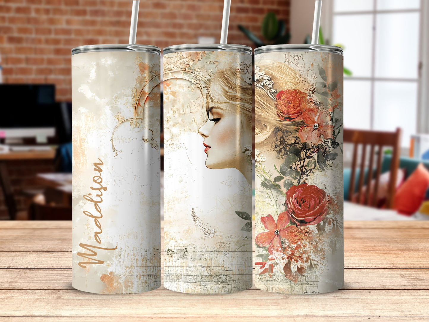 Vintage woman tumbler on table, 20oz stainless steel with artistic vintage portrait illustration and durable construction