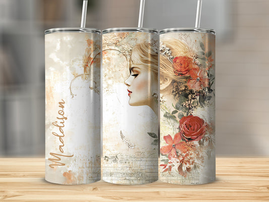 Vintage woman custom tumbler with 20oz stainless steel body, featuring a timeless vintage-inspired woman design