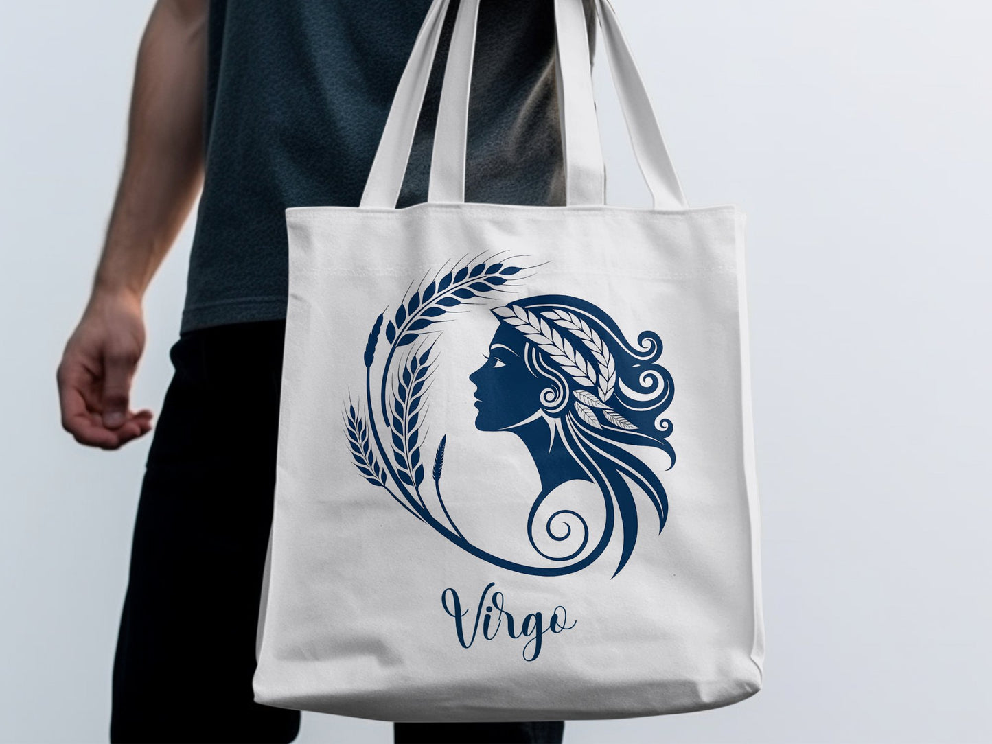 Virgo Tote Bag with elegant navy profile illustration and arcing wheat stems forming a balanced circular composition.
