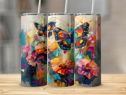 Watercolour butterflies tumbler with 20oz stainless steel body, featuring delicate butterfly designs in soft watercolour hues