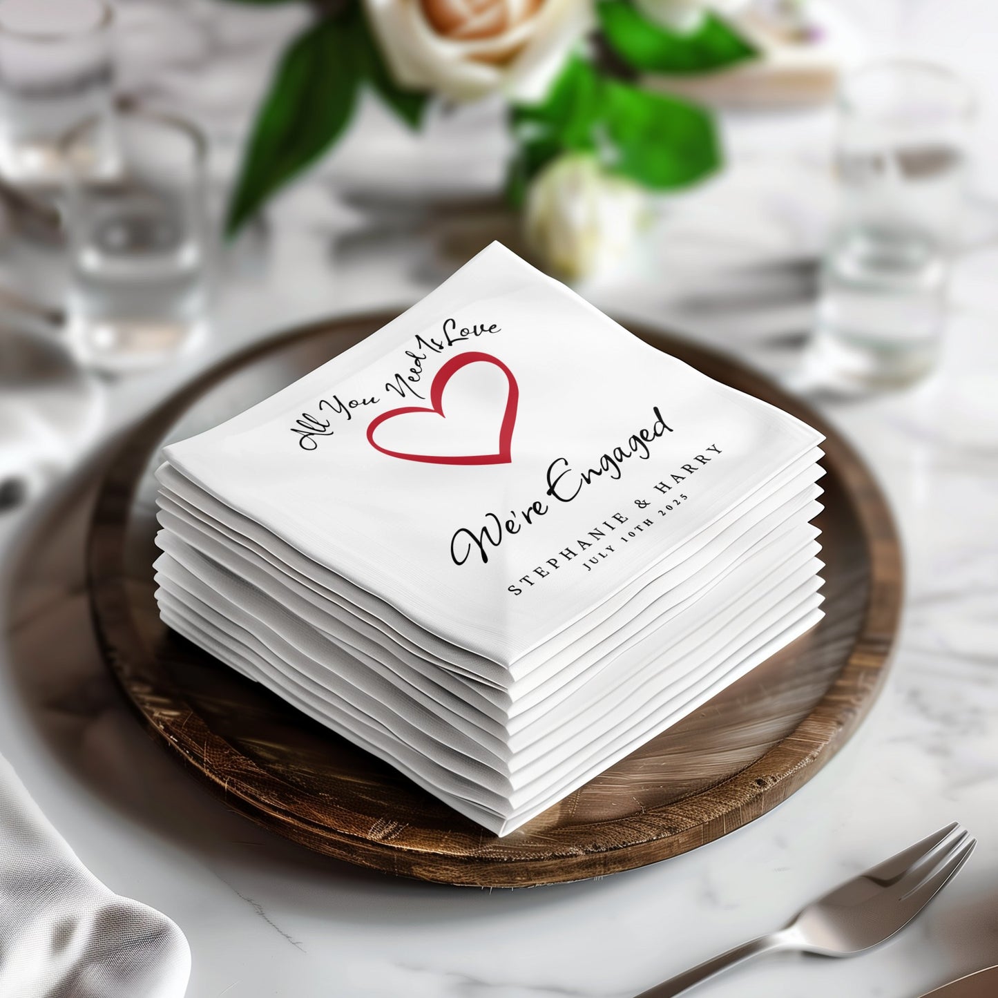 Personalized Wedding Engagement napkins, ideal for serving beverages and adding charm to your engagement party.