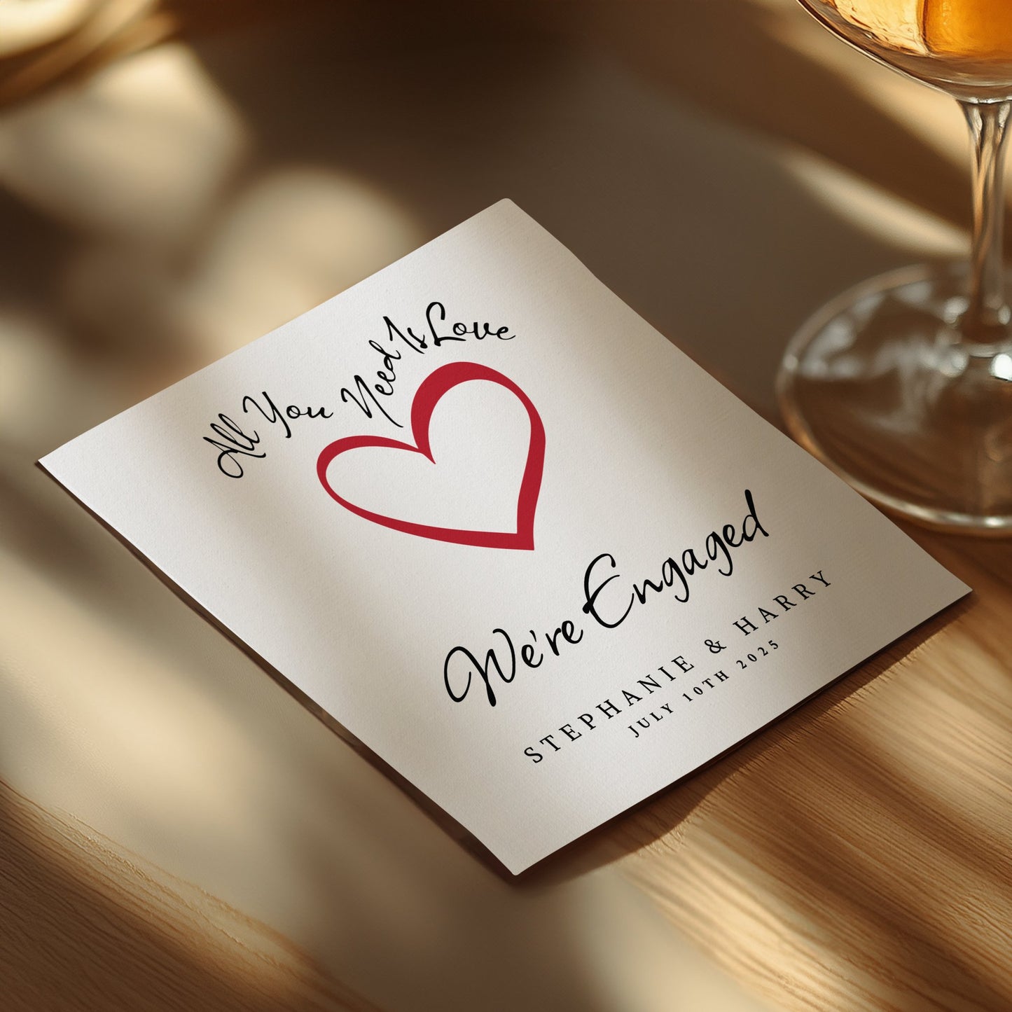 Celebrate your wedding engagement with custom napkins, perfect for cocktails, appetizers, and a festive touch.