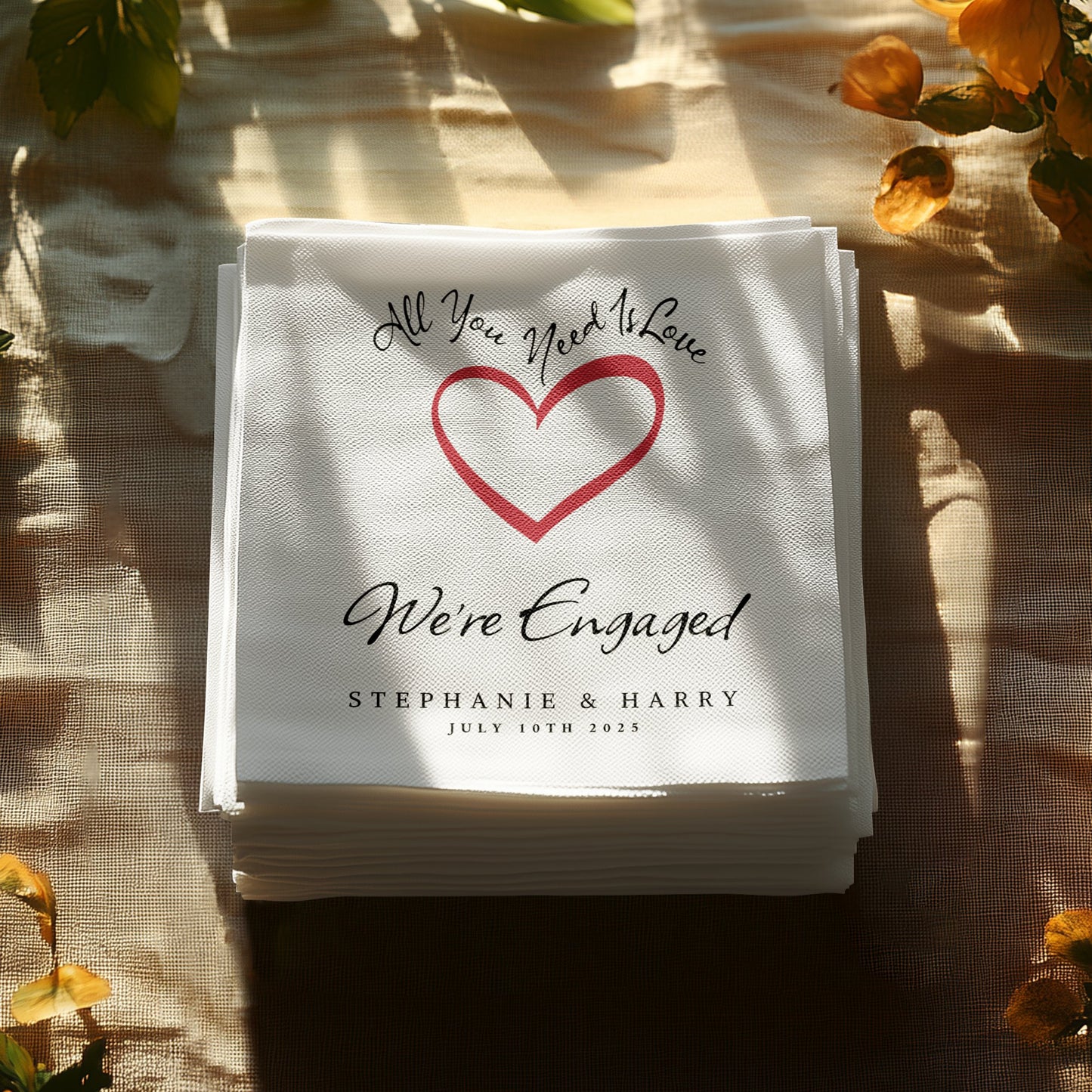 Customizable Wedding Engagement napkins for your celebration, perfect for drinks and adding a personal flair to your event.
