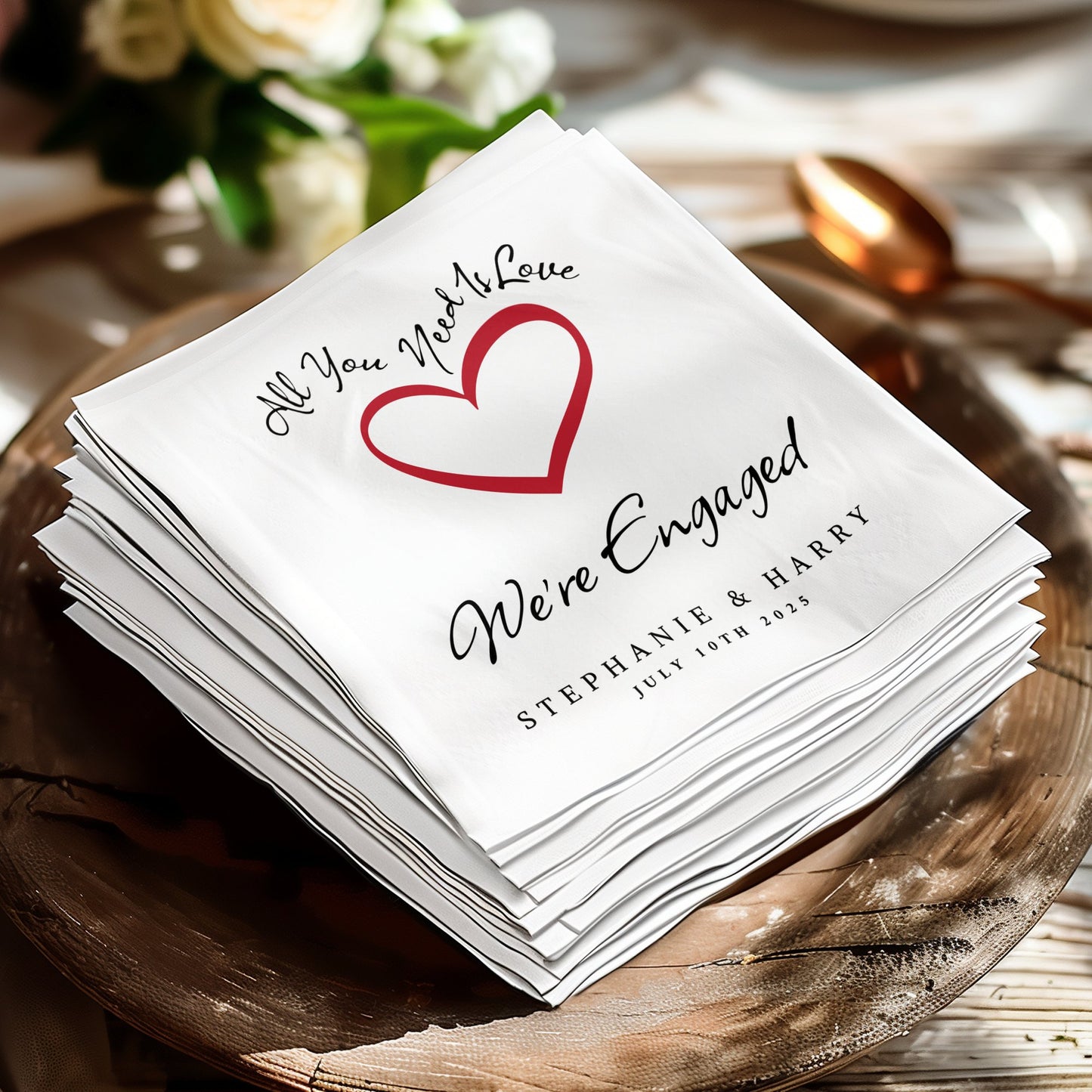 Custom Wedding Engagement napkins, perfect for adding elegance to your event while serving drinks and small bites.