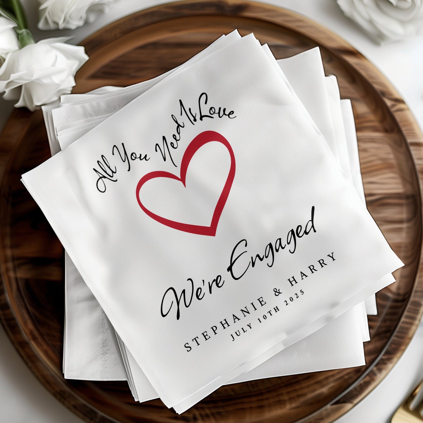 Celebrate your special moment with personalized napkins for your wedding engagement, ideal for drinks and cocktails.