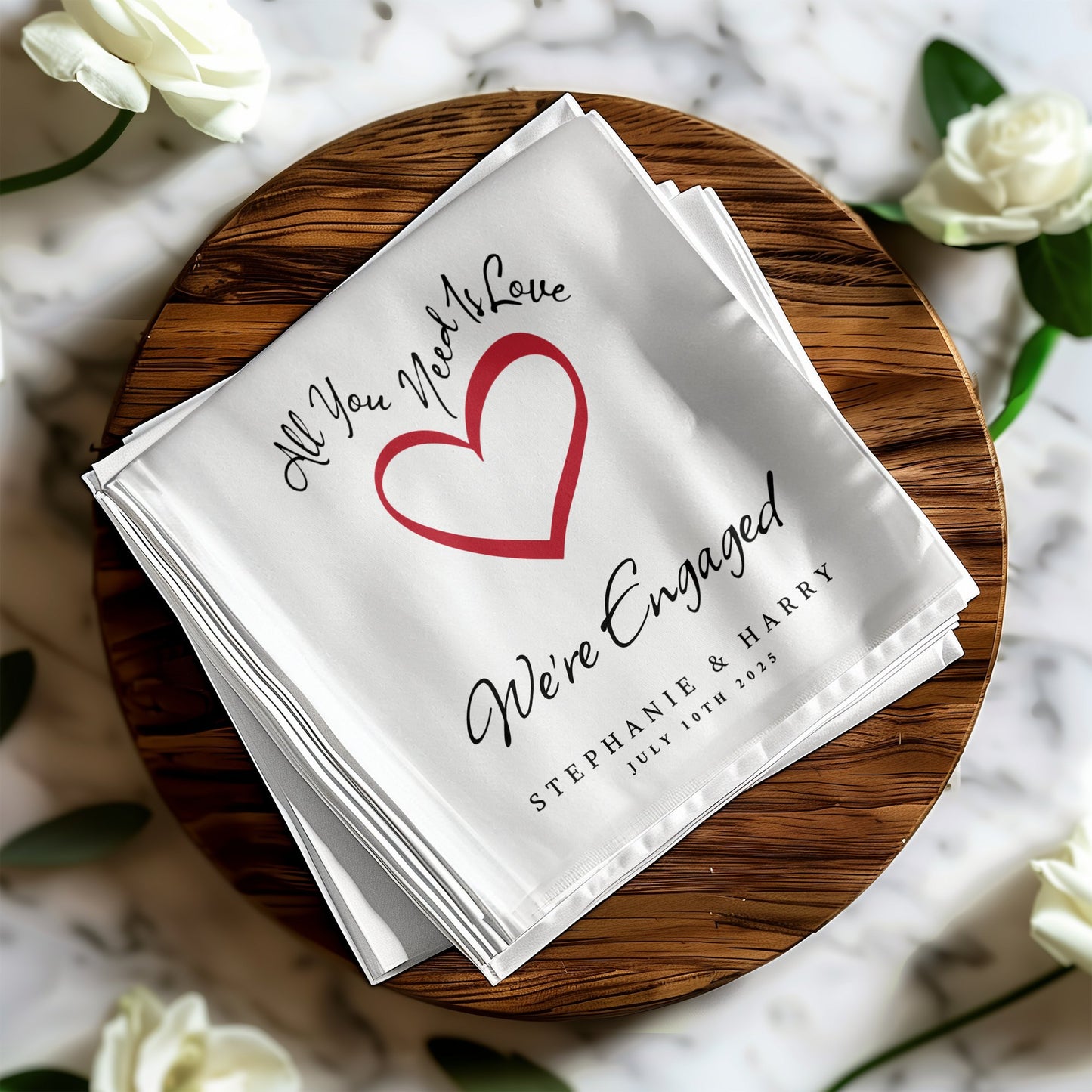 Custom Wedding Engagement napkins, perfect for your celebration, enhancing drinks and appetizers with a personalized touch.