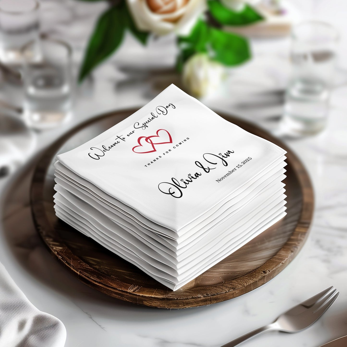Customizable Wedding Welcome napkins, ideal for cocktail hour or luncheons, offering a personal touch for your celebration.