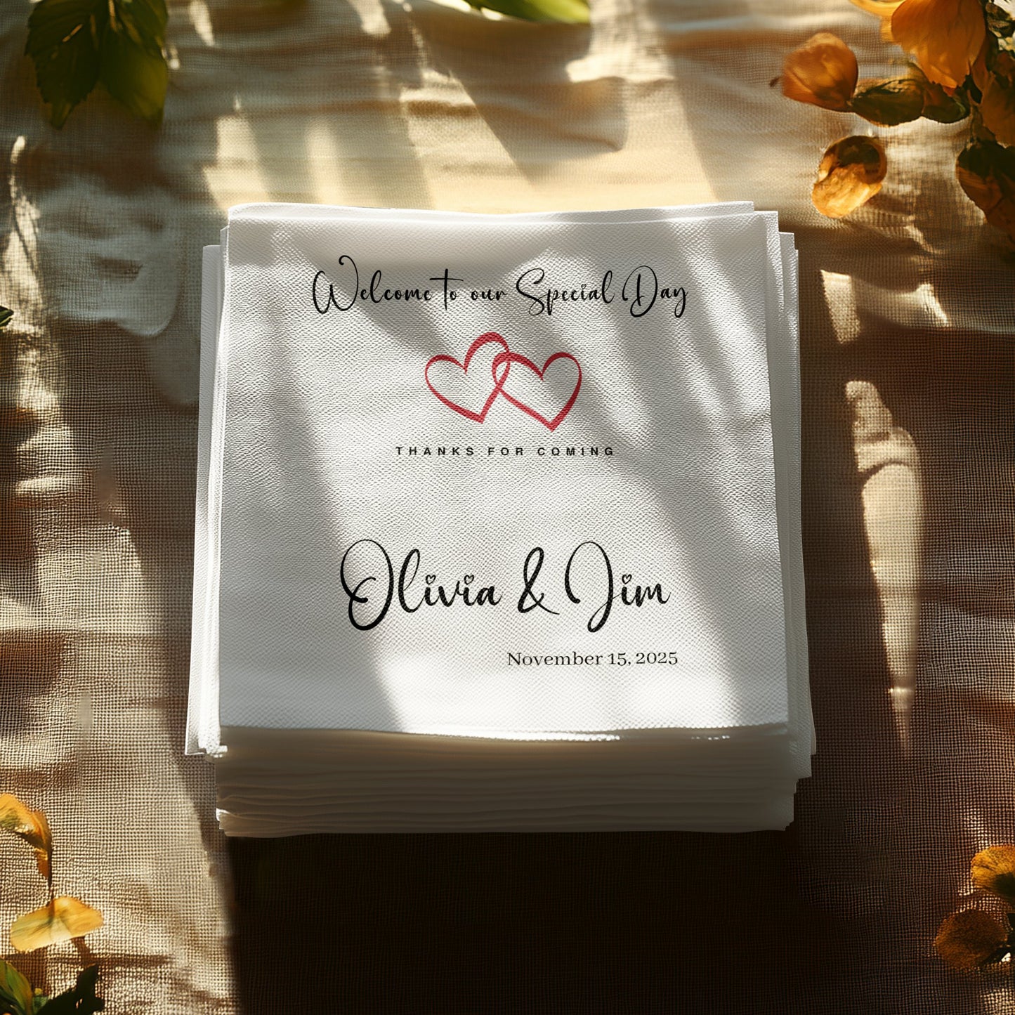 Add a personal touch with Wedding Welcome custom napkins, ideal for cocktails, beverages, and guest welcomes.