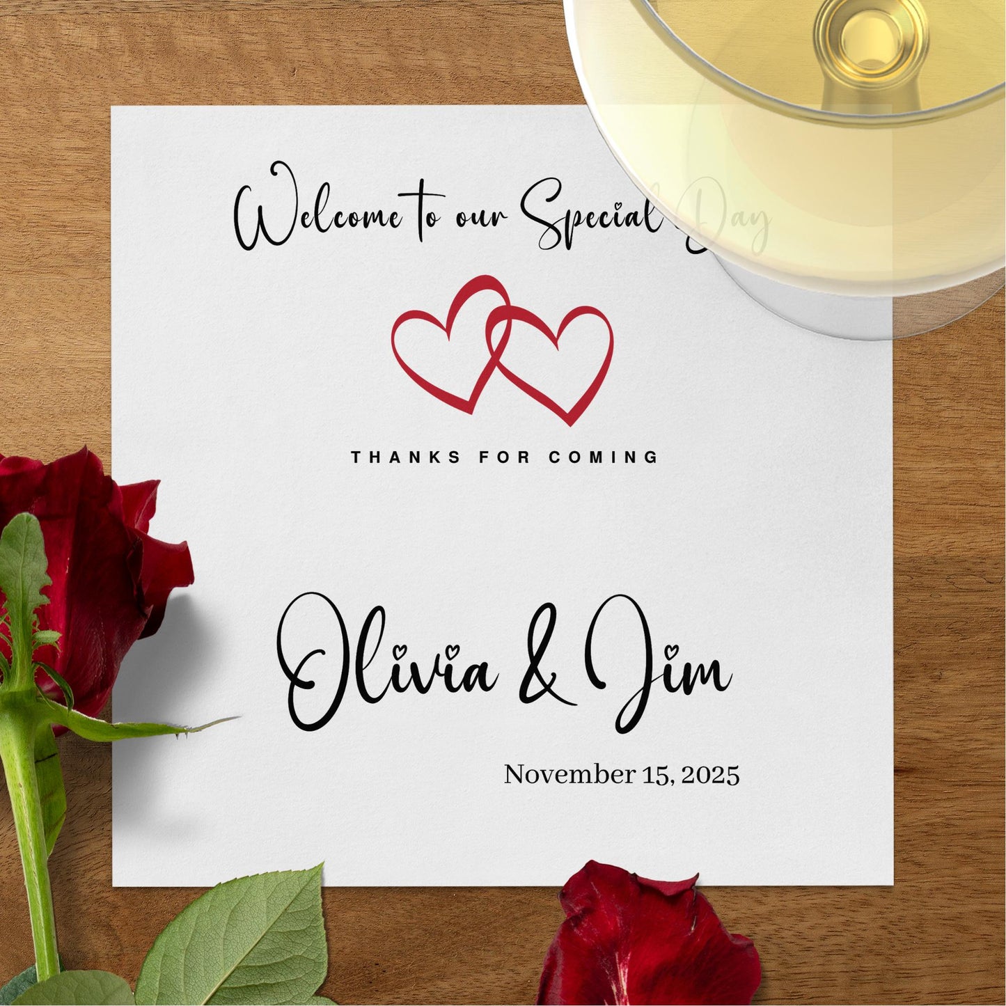Personalized Wedding Welcome napkins, perfect for cocktails or a luncheon, making your special day even more memorable.