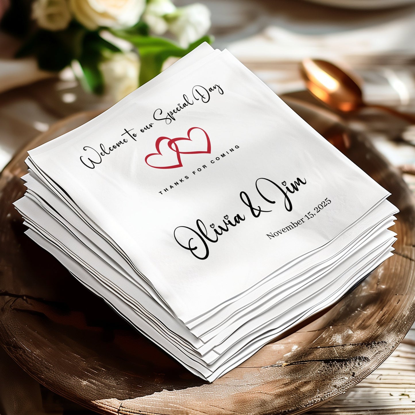 Custom Wedding Welcome napkins, ideal for cocktails or luncheon service, setting a welcoming tone at your celebration.