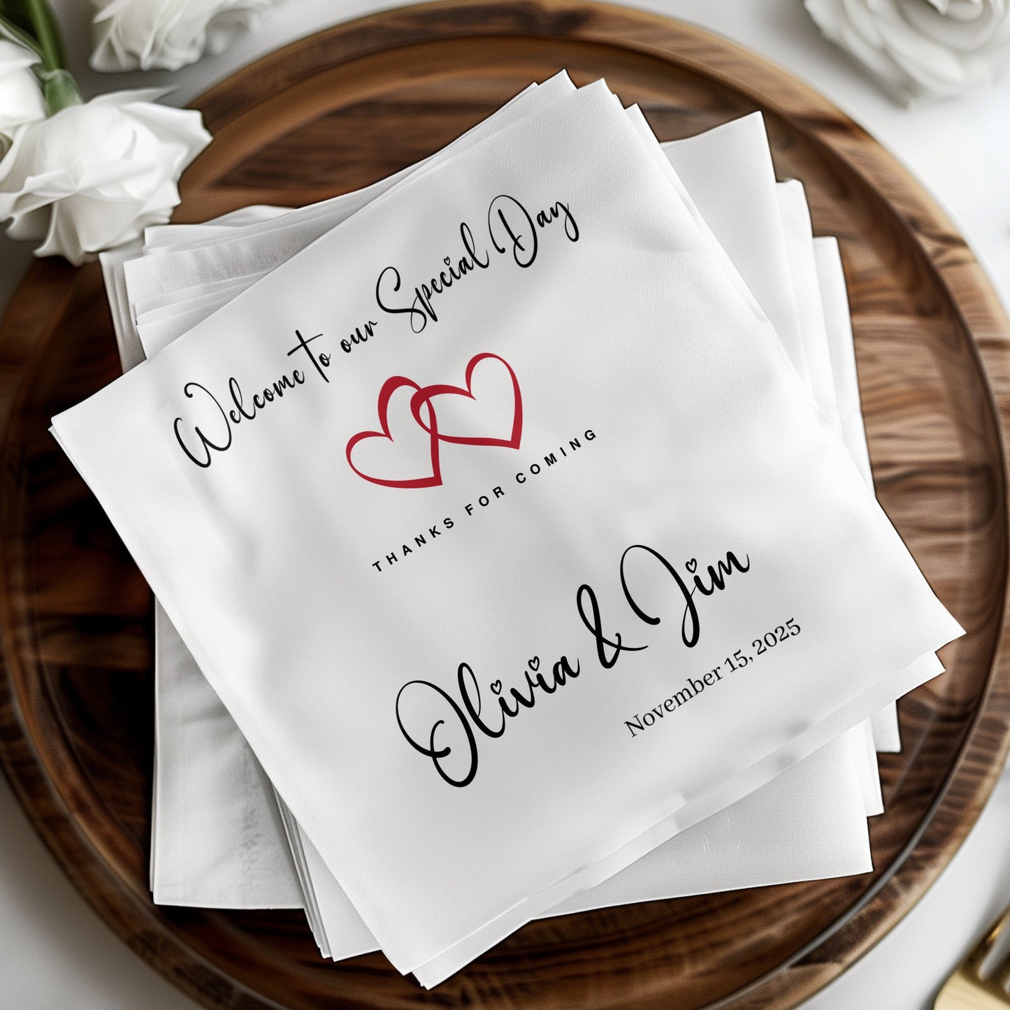 Make your wedding day special with customizable Wedding Welcome napkins, perfect for cocktail hour or luncheon service.