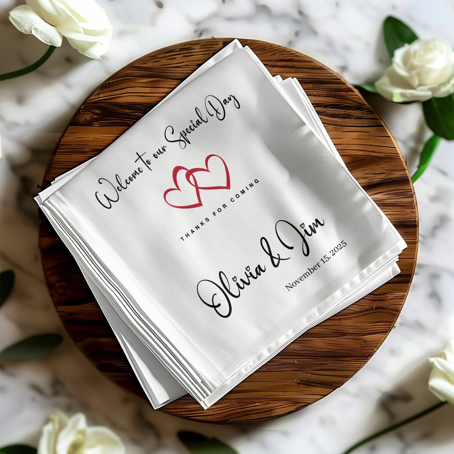 Personalized Wedding Welcome napkins, perfect for cocktails, greeting guests with a warm touch on your big day.