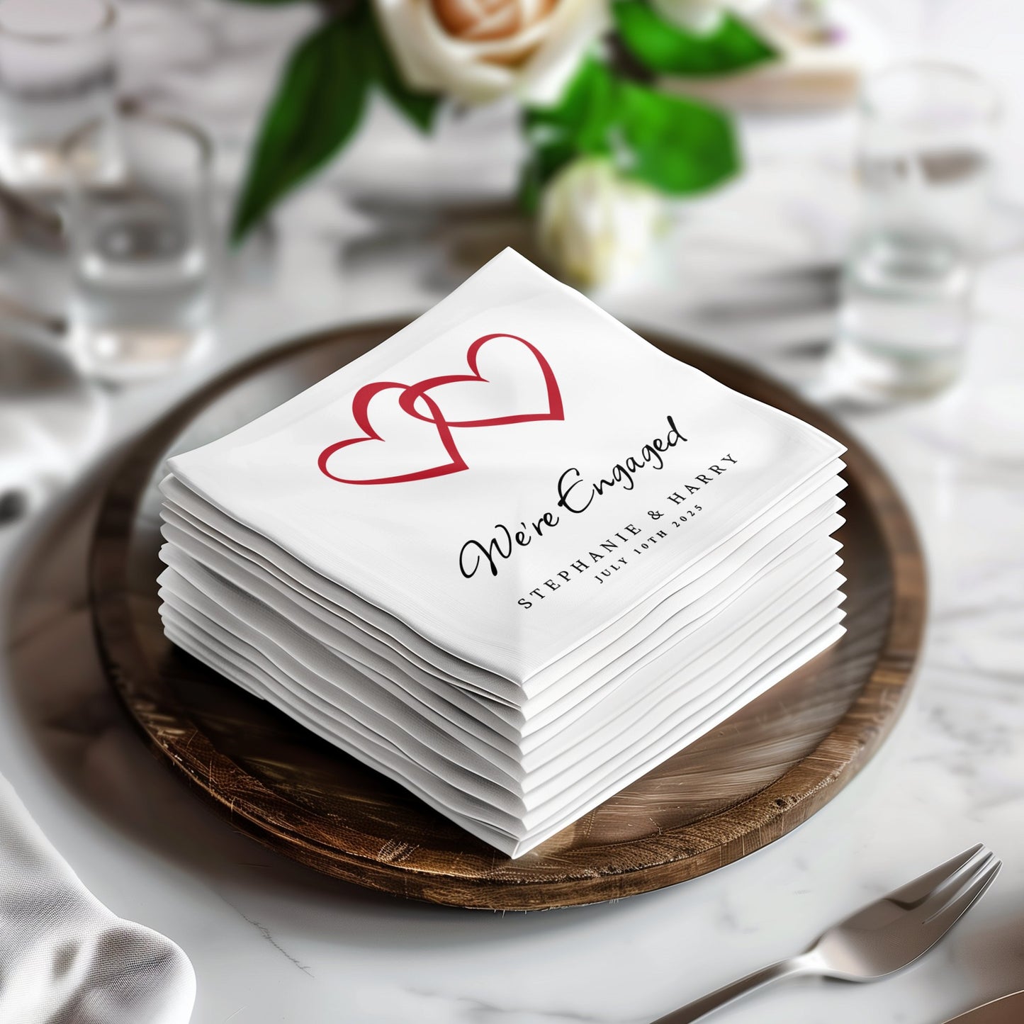 Custom We're Engaged napkins, ideal for enhancing your engagement celebration and complementing cocktails and appetizers.