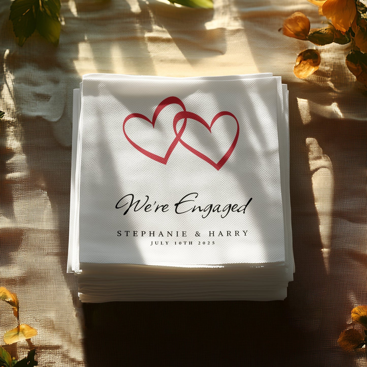 Custom We're Engaged napkins for your celebration, ideal for serving drinks, cocktails, and small bites.