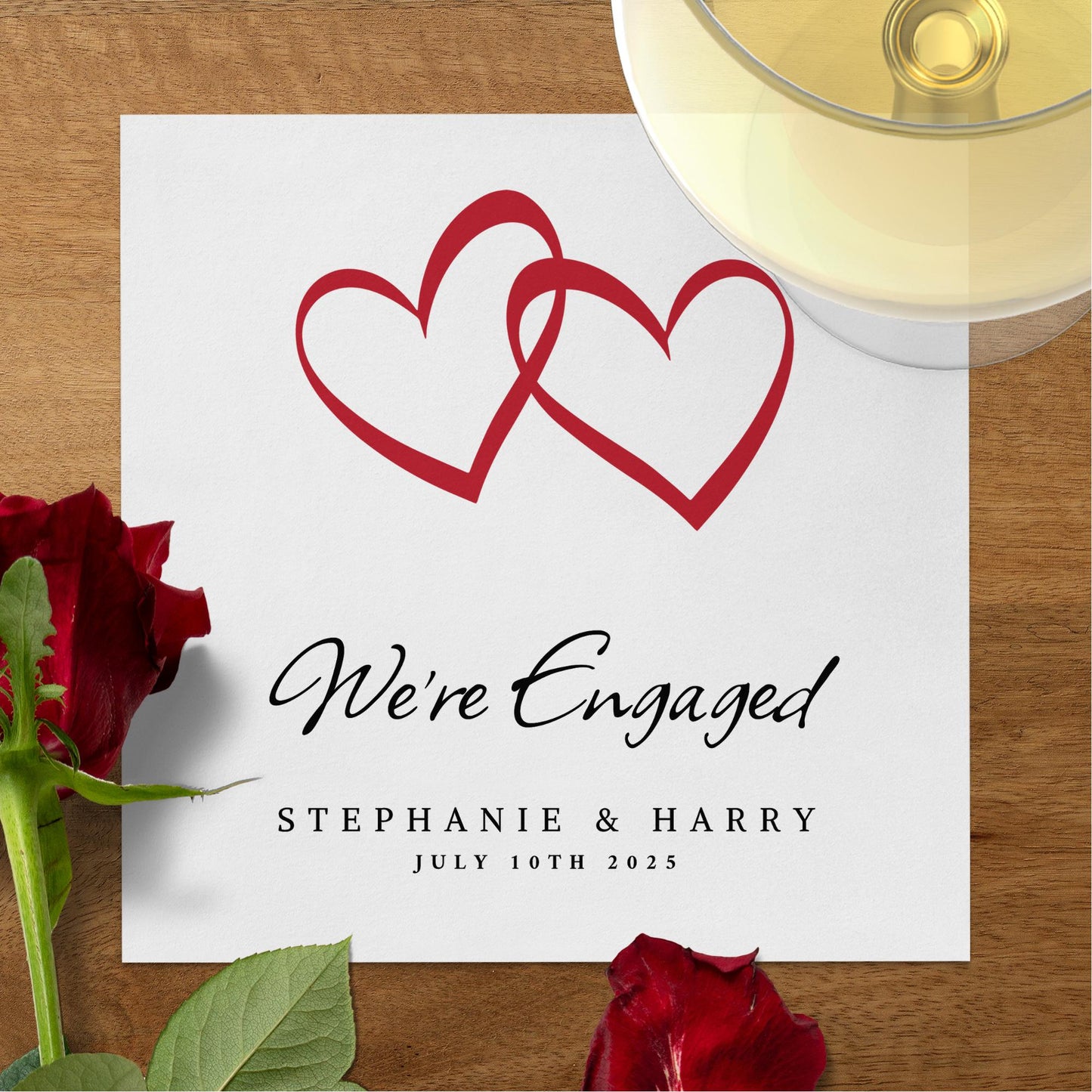 Engagement party napkins, customizable with your personal touch, perfect for beverages and celebrating your special moment.