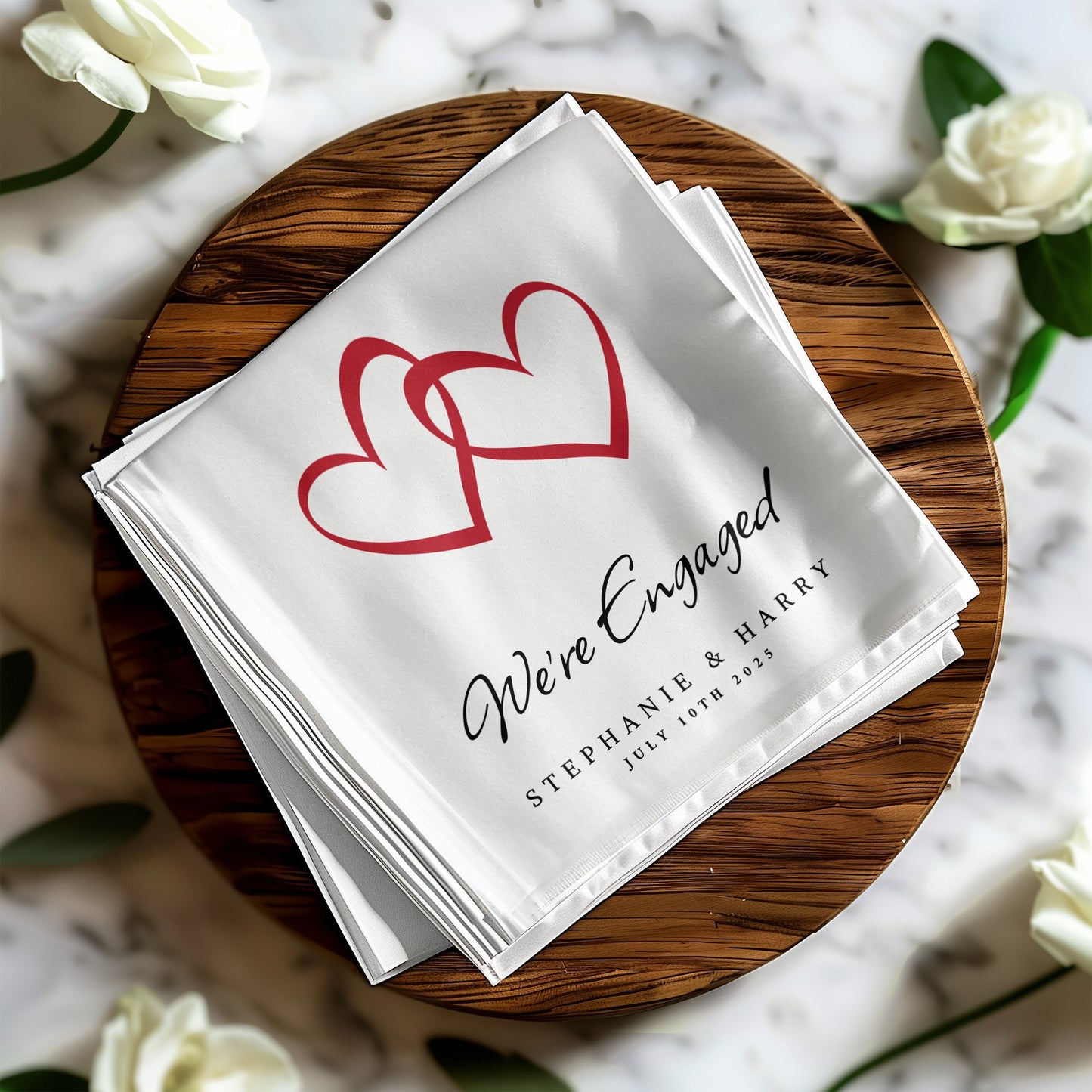 Personalized We're Engaged napkins, perfect for adding a celebratory touch to your engagement party and beverage service.