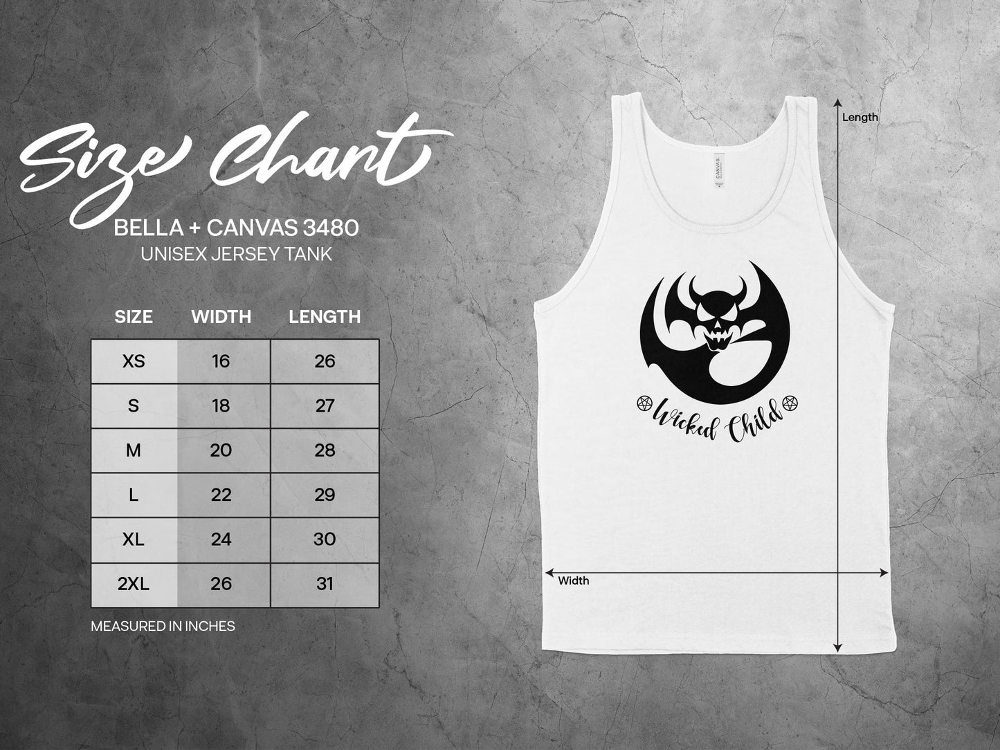 Check out the Wicked Child Tank Top size chart, from small to 2XL, offering a unisex fit with a relaxed look.