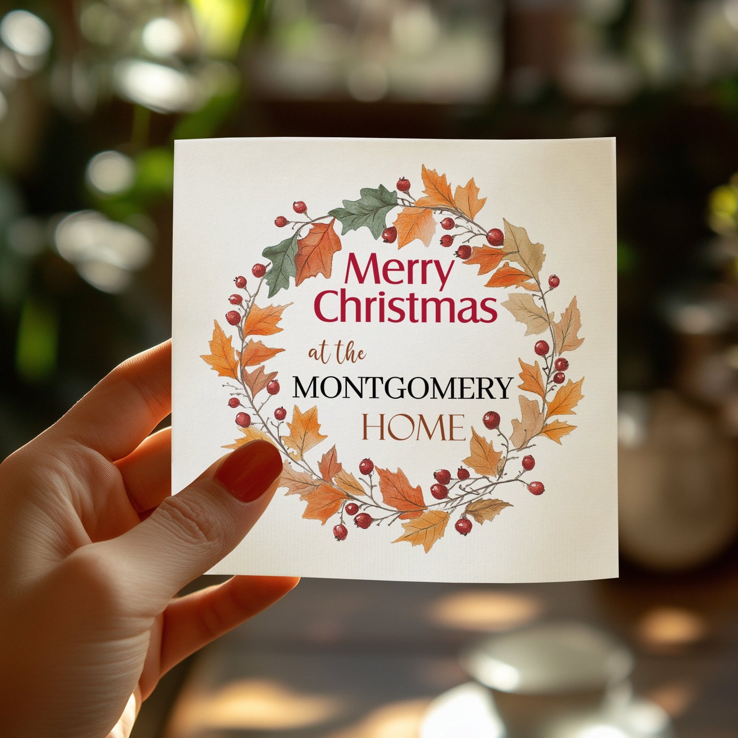 Wreath Merry Christmas custom napkins to complement your holiday drinks, perfect for a cozy festive celebration.