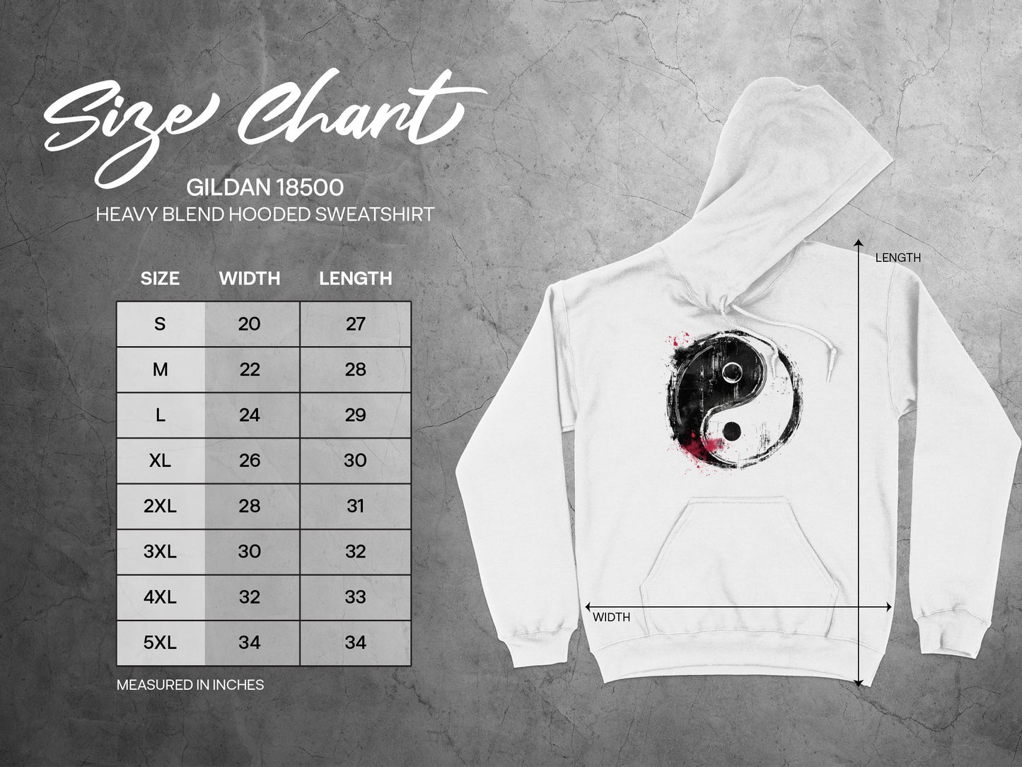 Size chart for Yin Yang hoodie with measurements for chest width and length in inches for an accurate fit, sizes S-3XL.