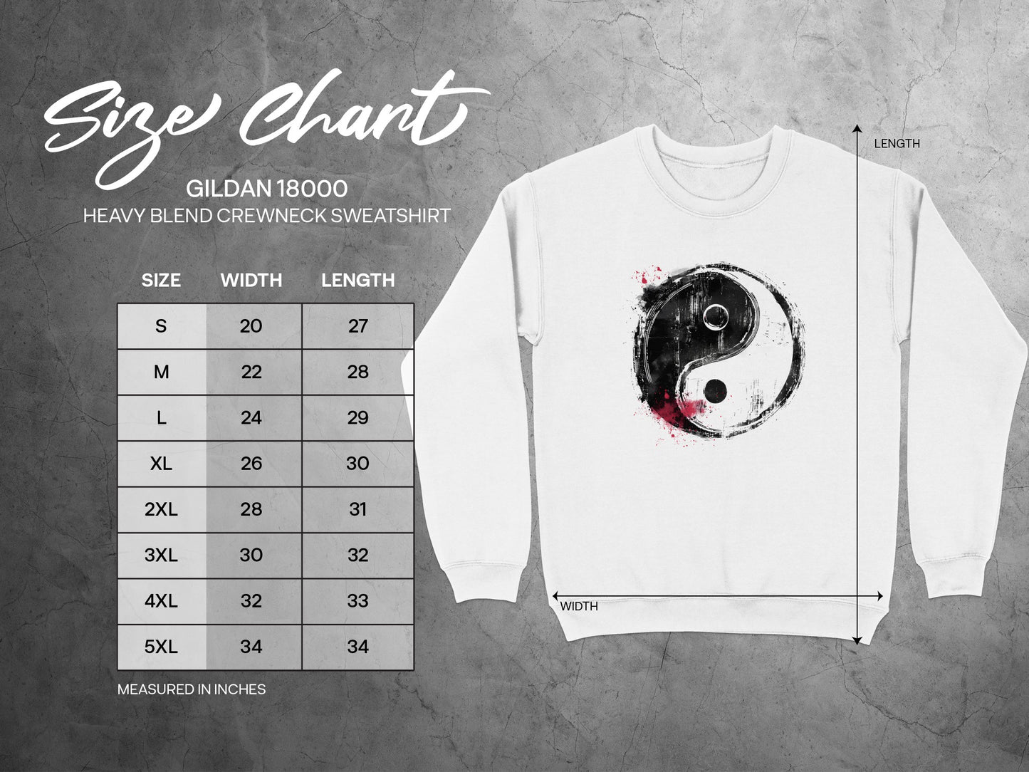 Sizing chart for spiritual Yin Yang sweatshirt showing detailed chest, length measurements by size small to 3XL.