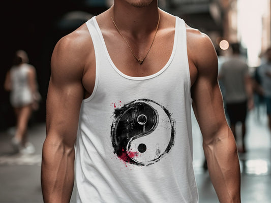 Yin Yang tank top featuring spiritual symbol, sleeveless cotton design, ideal for summer layering and mindful fashion.