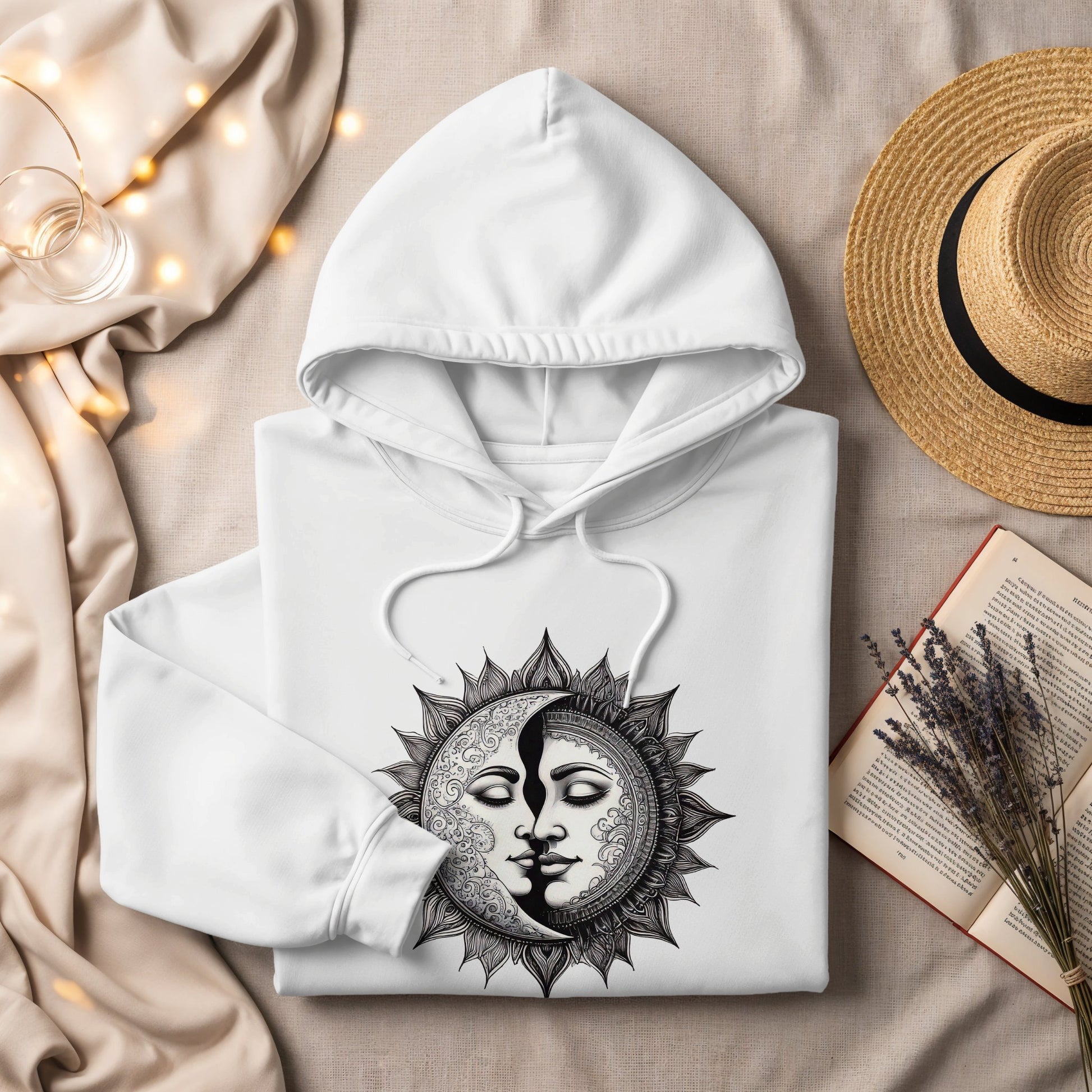 Flat lay of You Are My Sun boho unisex hoodie showing celestial sun and moon design with relaxed fit and monotone.