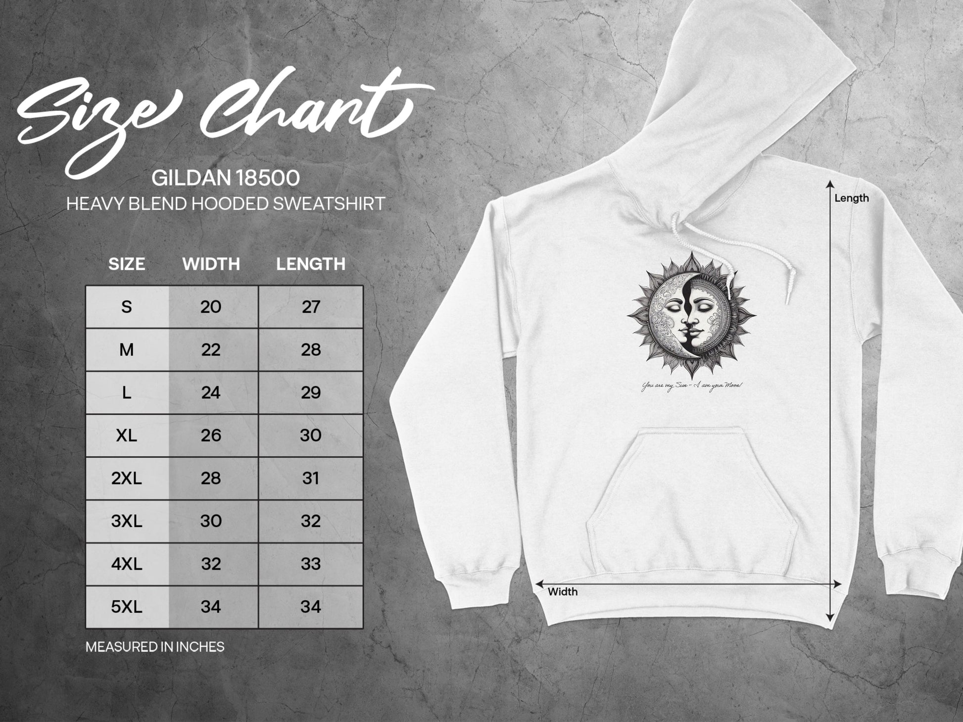 Unisex size chart for You Are My Sun hoodie including chest width and length for accurate fit and comfort.