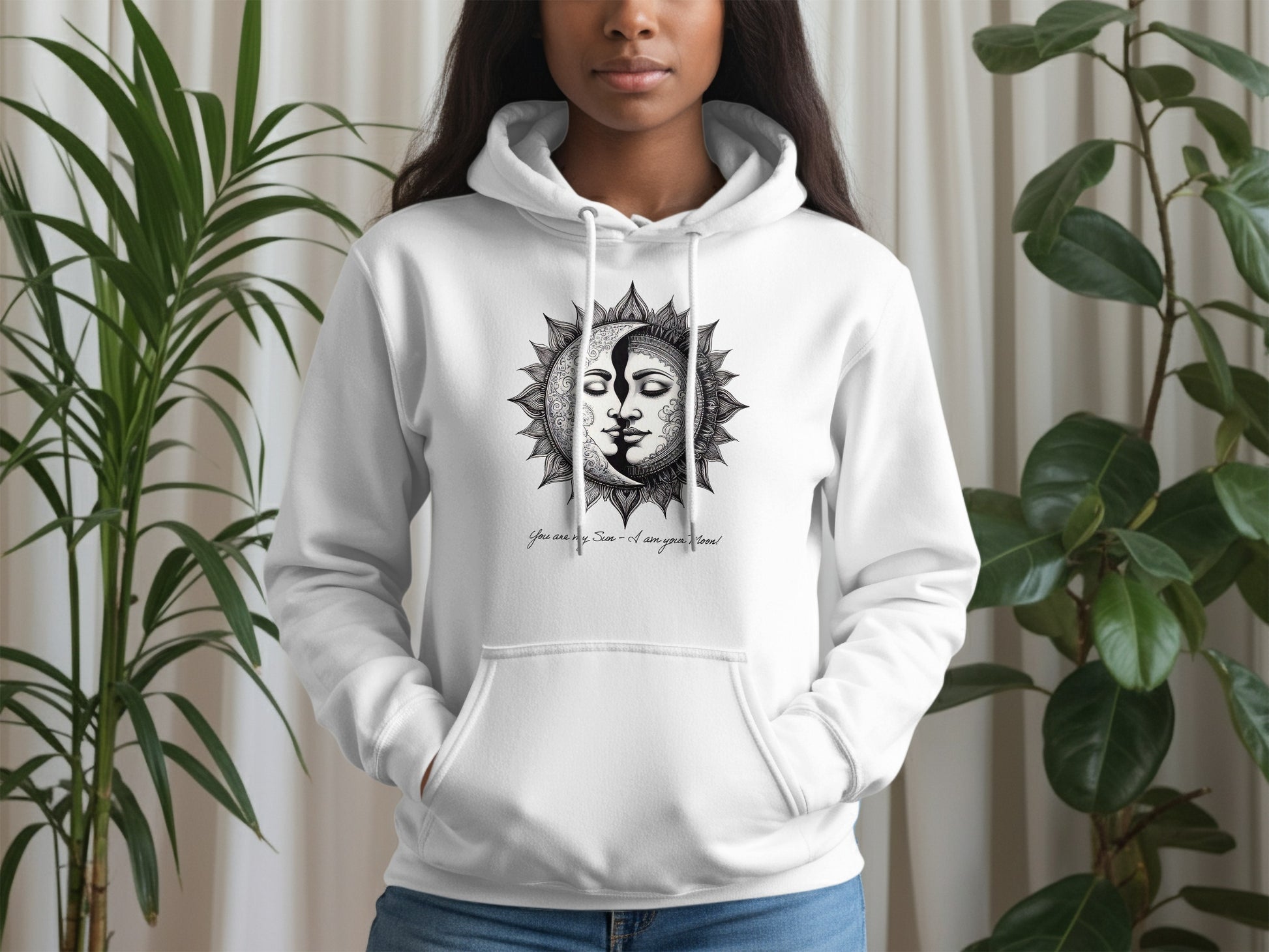 You Are My Sun I Am Your Moon hoodie with celestial print, boho-style pullover shown in fresh white with long sleeves.