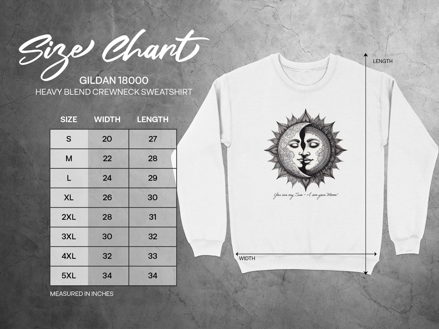 Size guide for You Are My Sun sweatshirt showing unisex measurements for chest width, length, and fit.