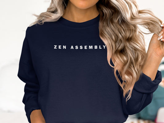 Navy Zen Assembly Sweatshirt with graphic, trendy crew neck, seamless body, and soft cotton blend for casual comfort.