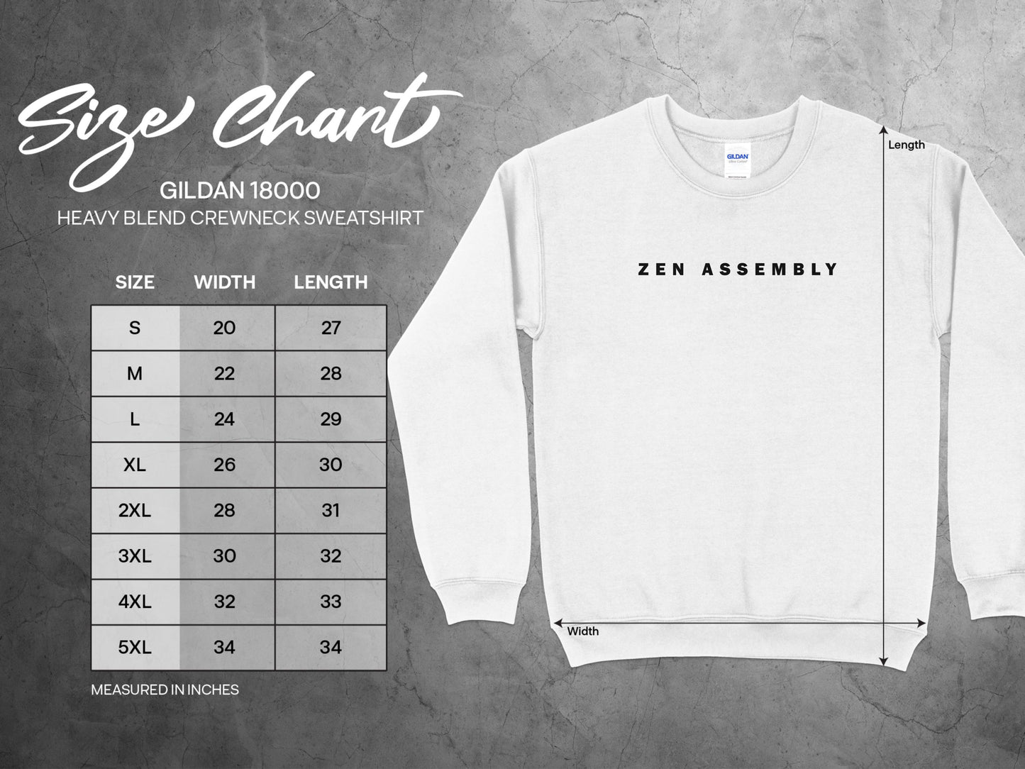 Zen Assembly Sweatshirt size chart S–3XL with body length, chest width, and sleeve length measurements for unisex fit.