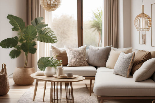 Scandinavian boho living room with cream sofa, textured cushions, rattan lighting and indoor greenery.