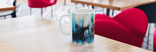 Ceramic mug featuring colourful abstract cityscape artwork displayed on a cafe table.